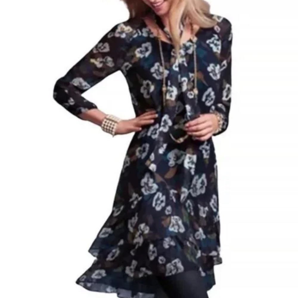 CAbi Pirouette Floral Semi Sheer Long Sleeve Tiered Dress Style 3460 Size XS